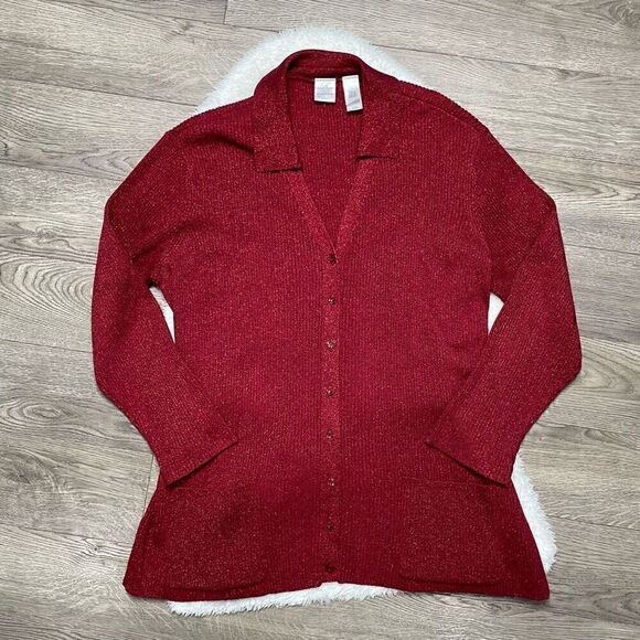 Emma & James Sweater Size 1X Red Sparkle Top Cardigan Dressy Christmas Button Up - Picture 2 of 9